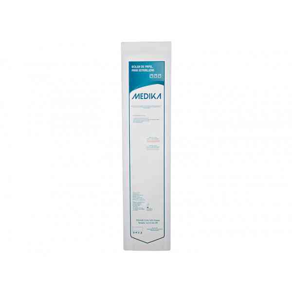 Bolsa de papel PARA ESTERILIZACIÓN 10cm X 42cm de grado médico, con porosidad controlada, para gas o vapor, con reactivo químico impreso y película plástica transparente, termosoldable