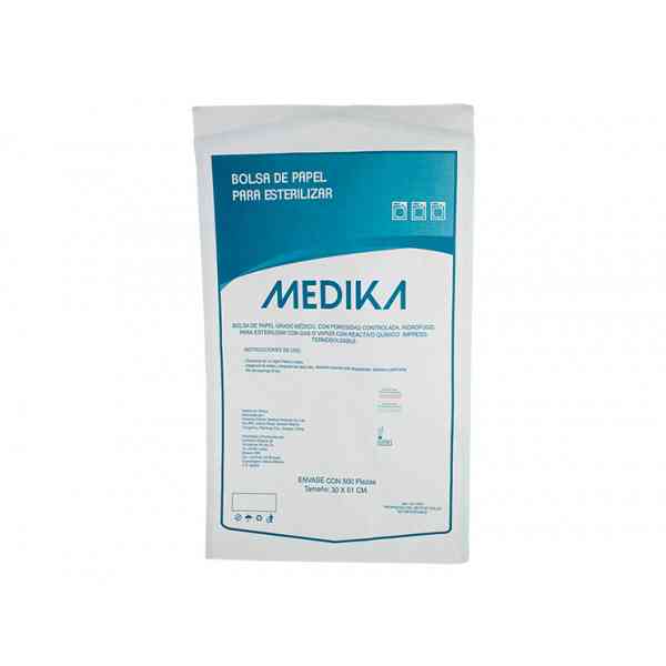 Bolsa de papel PARA ESTERILIZACIÓN 30cm X 51cm de grado médico, con porosidad controlada, para gas o vapor, con reactivo químico impreso y película plástica transparente, termosoldable
