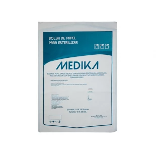 Bolsa de papel PARA ESTERILIZACIÓN 40cm X 58cm de grado médico, con porosidad controlada, para gas o vapor, con reactivo químico impreso y película plástica transparente, termosoldable