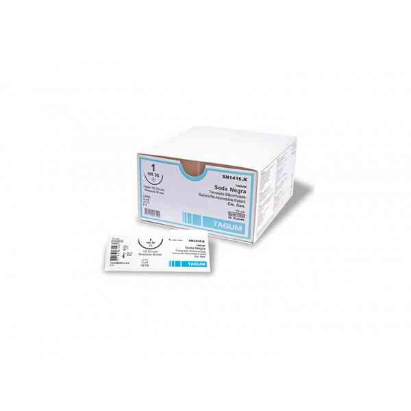 Sutura Seda Negra (natural, trenzada, no absorbible), Calibre: 1 , Longitud: 75 cm, Aguja: 1/2 círculo, redonda (ahusada), 25 mm.