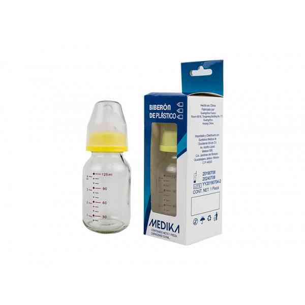 Biberón de vidrio 120ML. Con tapa de rosca y capuchón protector