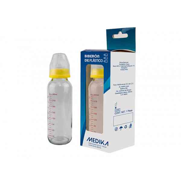 Biberón de vidrio 240ML. Con tapa de rosca y capuchón protector
